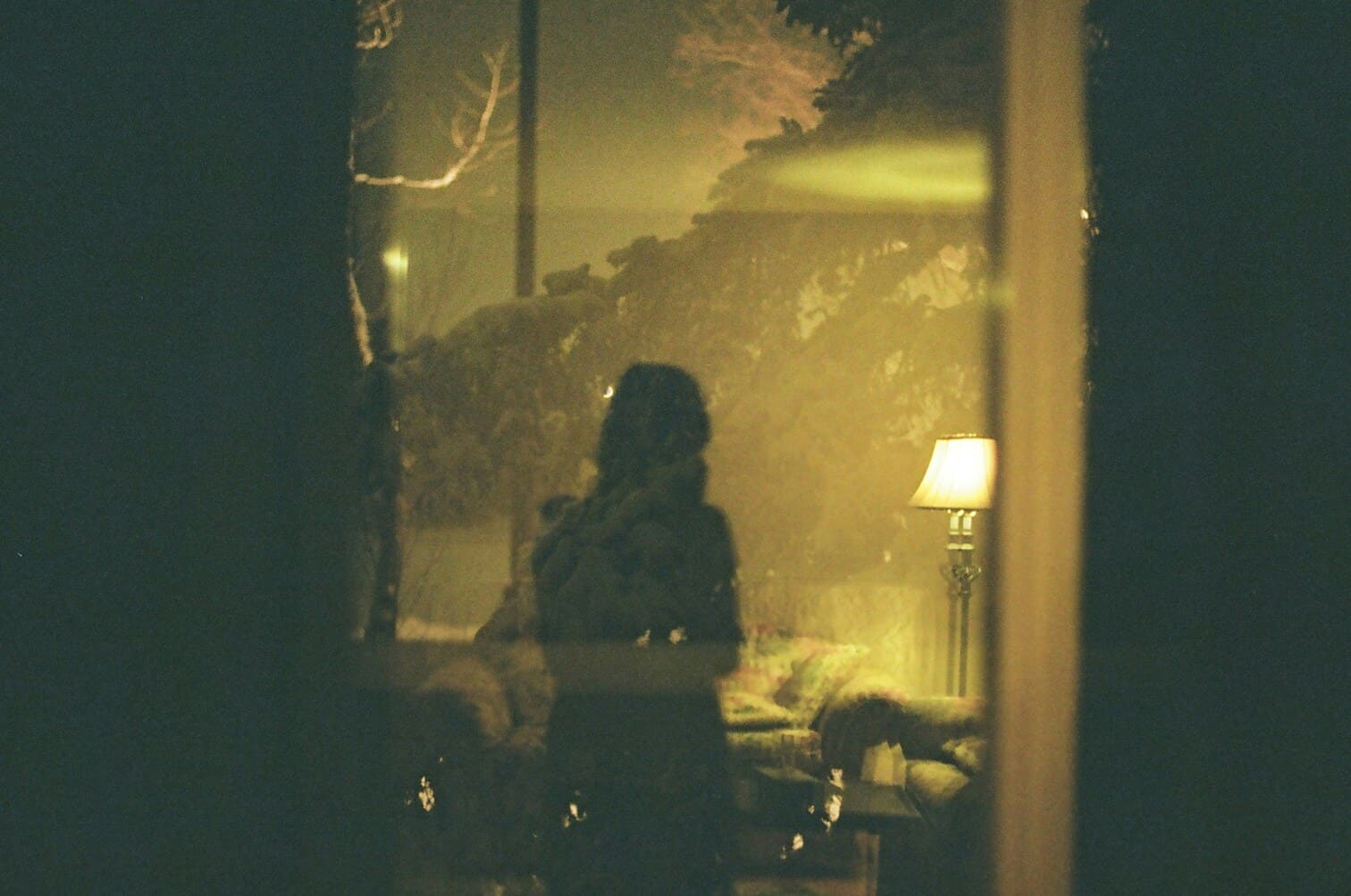 View from outside into a living room. Yellow light. Silhouette of a woman visible as a shadow. Trees reflected in the window pane in the background. Scene appears artistic.